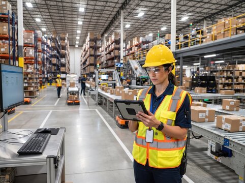 Woman inspects tablet in modern warehouse with automated robots and high shelving.