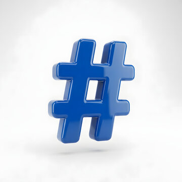 Blue 3D hashtag symbol isolated on a white background with social media sign digital tag 3D character number sign social network internet trend web icon
