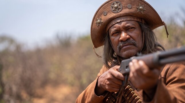 Serious cangaceiro holding a repeating rifle in the dry caatinga landscape
