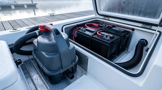 A marine bilge pump and storage compartment with boat batteries installed securely in a modern recreational watercraft.