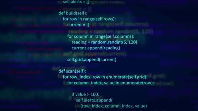 Abstract Dark Blue Coding Background with Green Cyber Programming Code, Software Development Script, Data Processing, System Matrix, and Technology Interface Concept Video Loop