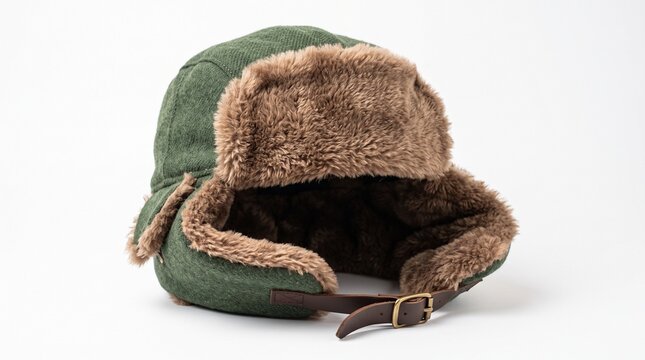 Warm green trapper hat with brown fur lining and leather strap detail on a white background vector illustration