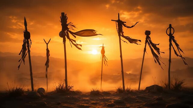 mystical wooden totems at sunset

