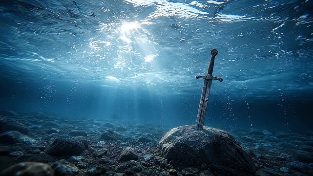 An ancient sword underwater resting.
