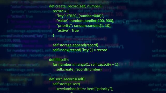 Abstract Dark Blue Coding Background with Blue Cyber Programming Code, Software Development Script, Data Processing, System Matrix, and Digital Technology Interface Concept Video Loop