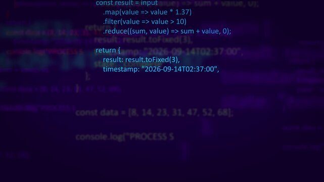 Abstract Dark Purple Coding Background with Pink Programming Code, Software Development Script, Data Processing, System Matrix, and Cyber Technology Concept Video Loop
