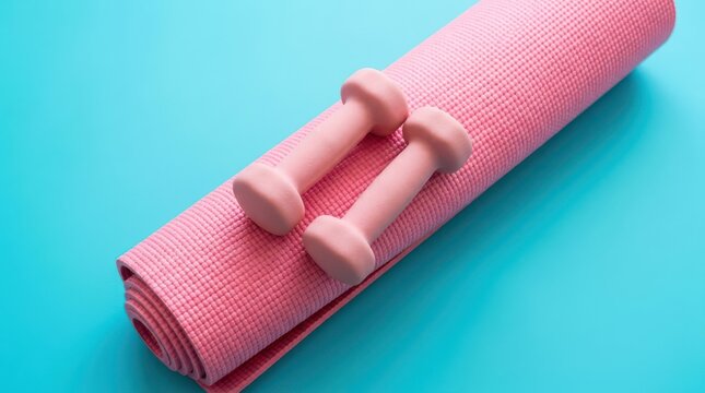 Two small pink dumbbells resting on a rolled pink yoga mat on a blue background