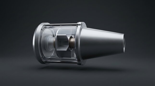 A 3d render illustration of a marine bilge pump with transparent casing and internal impeller on dark background.