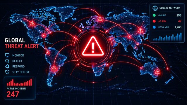 Global cyber threat alert dashboard with world map and glowing red warning icon showing active network security incidents