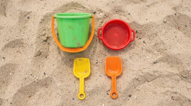 Colorful childrens beach toys including a green bucket, red sieve, and yellow and orange shovels on the sand