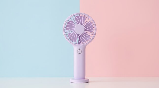 A portable purple handheld fan standing on a surface against a split blue and pink background