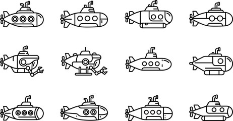 Collection of Line Art Submarine Icons Modern Vintage and Robotic Vessels Isolated on Transparent Background © Rejeki