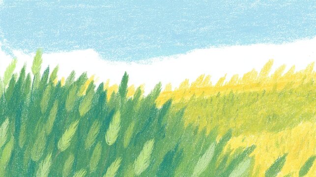 Watercolor landscape featuring vibrant green grass and a soft blue sky.