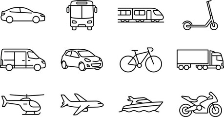Collection of transportation icons car bus train scooter van bicycle truck helicopter airplane boat motorcycle Isolated on white © Rejeki