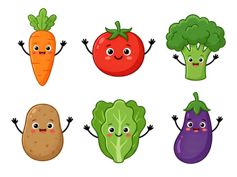 Cute cartoon vegetables with smiling faces isolated on a white background
