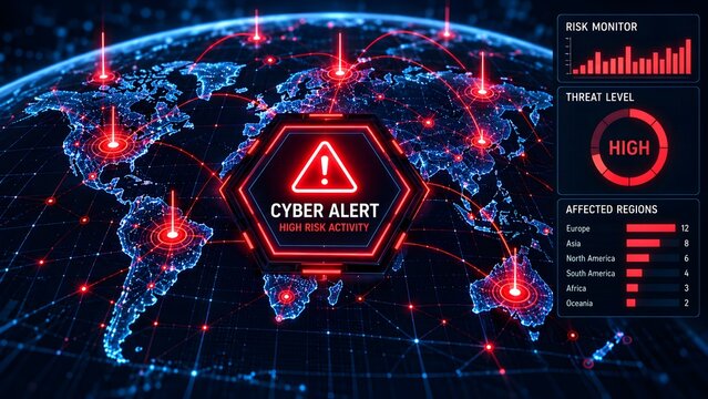 Cyber alert high risk activity interface with glowing 3d digital earth globe and red security breach hotspots