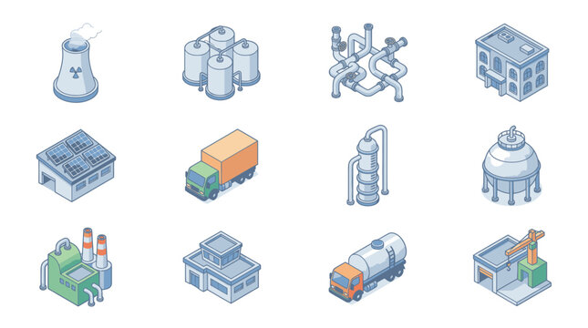 Professional Isometric of 12 Industrial and Energy Related Icons with Distinctive Colors and Equipment