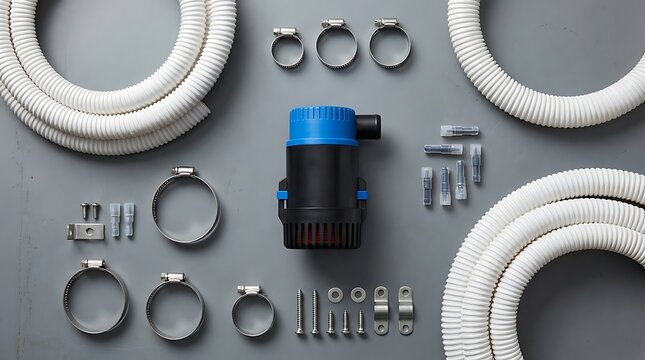 A top down view of a new bilge pump with various installation parts and corrugated hoses on a gray surface