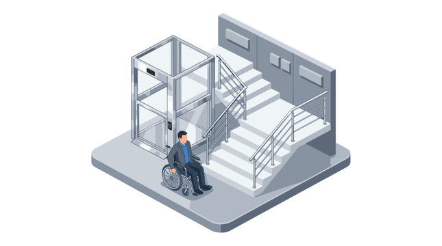 Professional Isometric of a Person in a Wheelchair Using an Accessible Elevator Next to Stairs with high quality professional line art symbols for modern creative design and digital branding projects