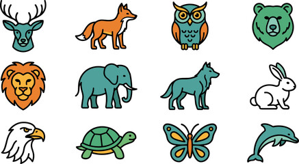 Obraz premium Set of Cute Cartoon Forest and Wild Animals Icons Isolated on Transparent Background Deer Fox Owl Bear Lion Elephant Wolf Rabbit Eagle Turtle Butterfly Dolphin