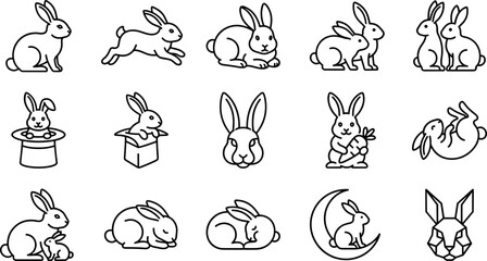 Fototapeta premium Cute Rabbit Icons Set Isolated on Transparent Background Various Poses and Activities