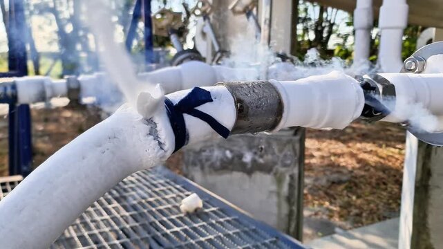 Extreme cold cryogenic industrial pipes covered in thick frost and ice with visible gas vapor leak at connection joint