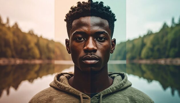 Portrait of a young Black man in hoodie, split screen with serene lake and forest landscape.
