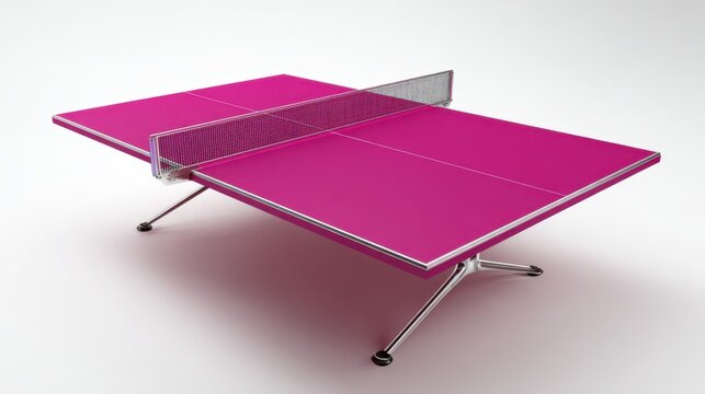 Modern pink ping pong table with net on a clean white background.