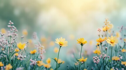 Fototapeta premium Sunlit meadow with vibrant yellow and pink wildflowers