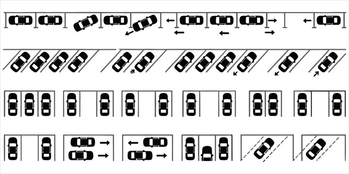 A collection of black and white parking lot layout diagrams showing various vehicle parking... cars
