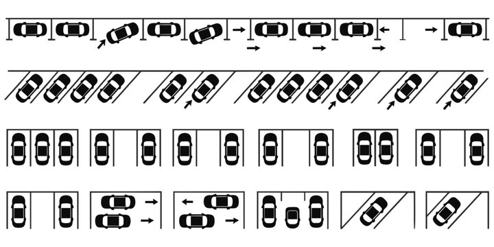 A collection of black parking lot layout showing various car positions on a white background vehicle
