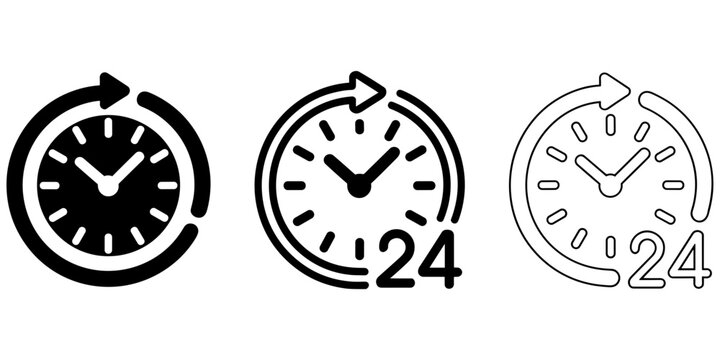 A collection of clock and time related featuring circular arrows and twenty four hour symbols watch