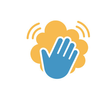 Blue hand waving icon with yellow motion lines