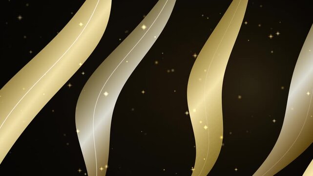 Golden ribbons gracefully curve across a black background in a shimmering animation animation