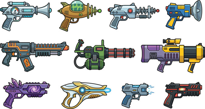 Sci-Fi Futuristic Ray Gun and Laser Blaster Vector Icon Set for Video Game Asset Designs and Creative Mobile App Interface Layouts