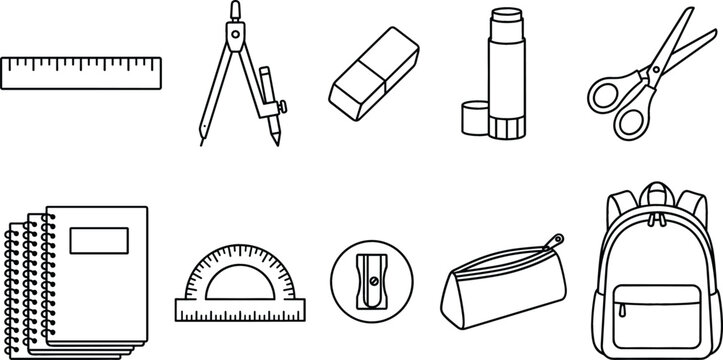School Supplies and Student Stationery Vector Icon Set Featuring Linear Graphics of Ruler, Backpack, Notebooks, Compass, and Scissors for Education Designs
