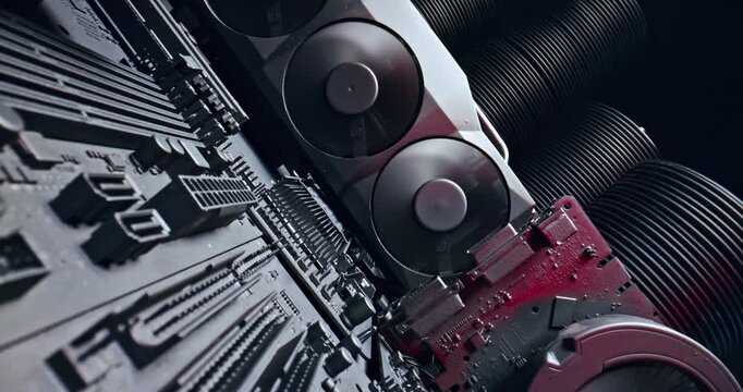 Working motherboards and graphic card (GPU) on board. 