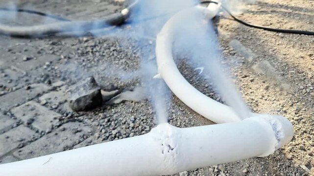 Cryogenic Liquid Gas Leak from White Insulated Industrial Pipe Releasing Cold Vapor