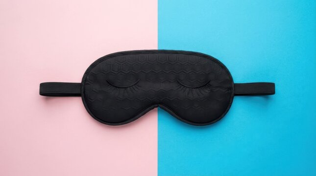 Black sleep mask with closed eye pattern on a split pink and blue background