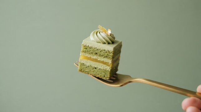 Small square matcha green tea cake slice on a gold fork
