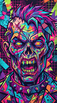 Colorful Memhphis Halloween portrait of Zombie