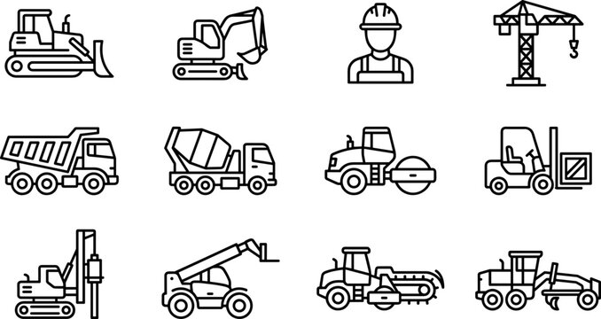 Construction Equipment Icons Bulldozer Excavator Crane Truck Cement Mixer Roller Forklift Pile Driver Telehandler Grader