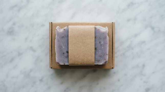 A bar of handmade lavender soap wrapped in brown paper packaging on a marble surface