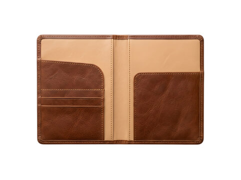 Open brown leather wallet with card slots and pockets isolated on transparent background