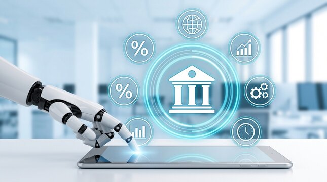 Robotic hand touching digital tablet displaying banking interface with financial icons used for automated banking services and artificial intelligence driven financial management tools. 