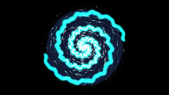 Cyan energy spiral rotates inward against a black backdrop throughout the sequence rotating
