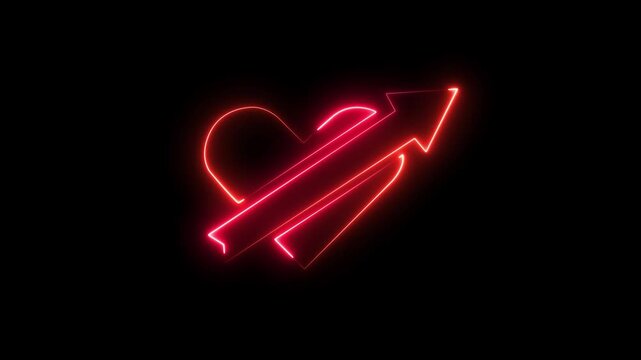 Neon heart shape symbol animation with beating pulse effect on black background . love with arrow