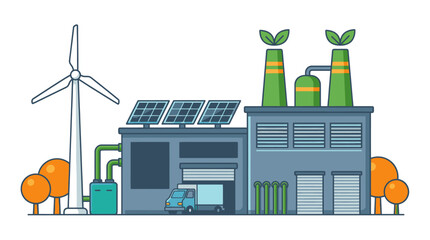 Obraz premium Professional of Eco Friendly Energy Facility with Wind Turbine Solar Panels and Green Chimneys with high quality professional line art symbols for modern creative design and digital branding projects