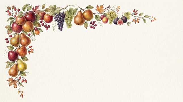 Thanksgiving Watercolor illustration of an autumn fruit border with apples pears grapes and figs on cream background