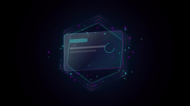 Hexagonal panel rotates to reveal a glowing blue and purple interface on a black background